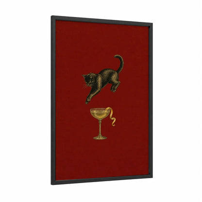 Black Cat Cocktail Wall Art framed art print — black wood frame — red and gold palette