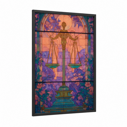 Libra Balance framed art print — black wood frame — peach and purple palette