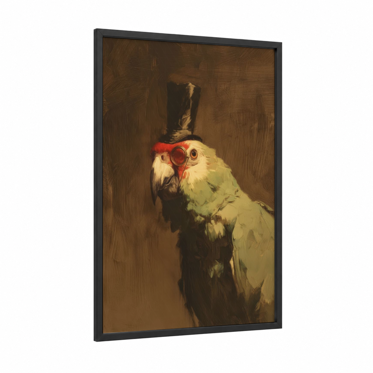 Dapper Parrot framed safari parrots print — black wood frame — gold and brown palette