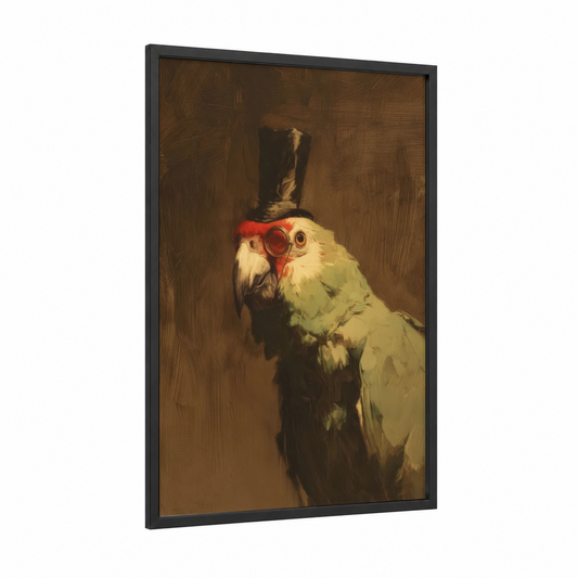 Dapper Parrot framed safari parrots print — black wood frame — gold and brown palette