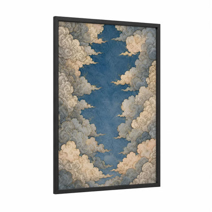 Japanese Cloud Sky Wall Art framed art print — black wood frame — blue and gold palette