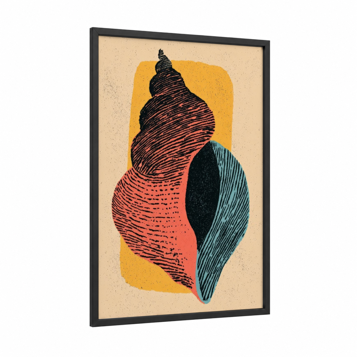 Geometric Seashell framed art print — black wood frame — gold and teal palette