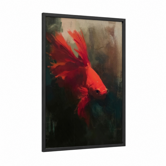 Crimson Betta Glory framed fighting fish print — black wood frame — red and dark blue palette