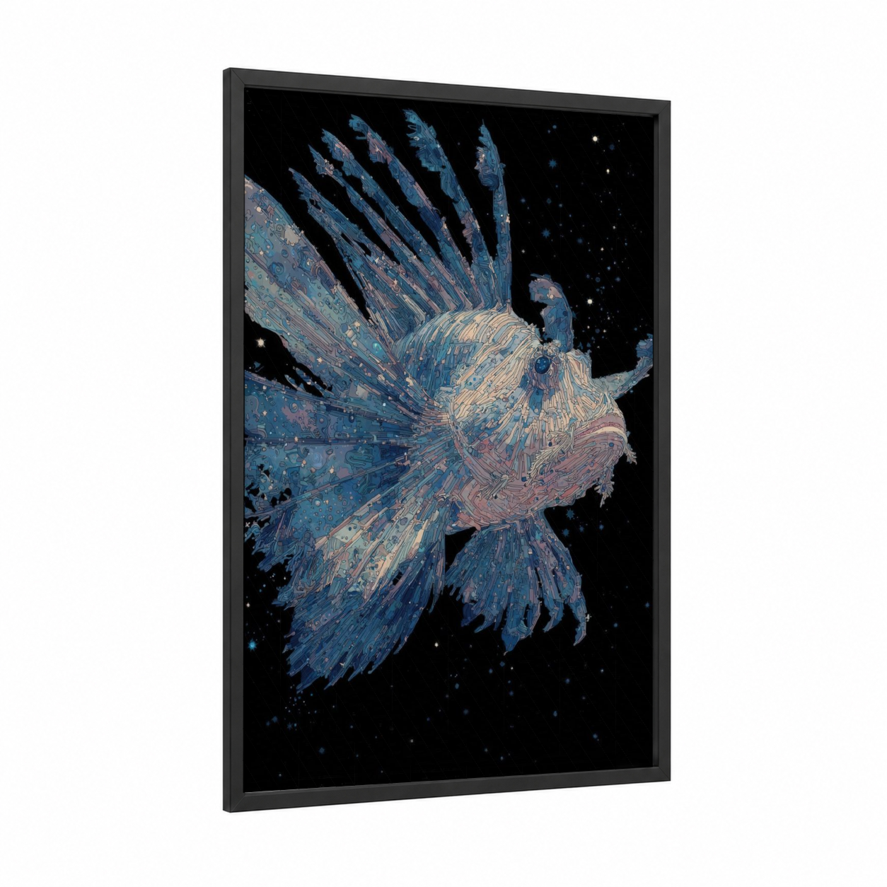 Cosmic Lionfish framed art print — black wood frame — blue and gold palette