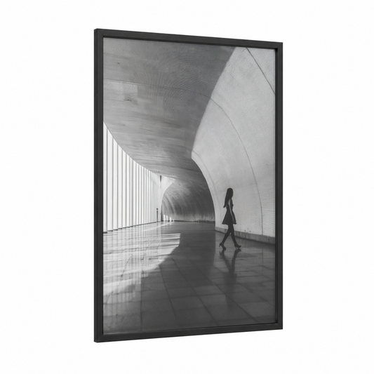 Minimalist Corridor framed abstract architecture print — black wood frame — black and white and gray palette