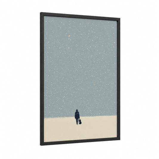 Snowy Solitude Musician framed art print — black wood frame — gray and white and blue and white palette