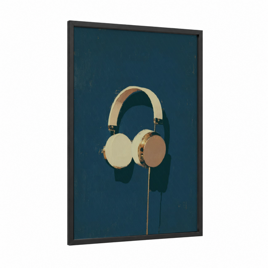 Vintage Cream Headphones framed art print — black wood frame — teal and cream palette