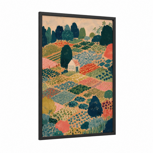 Patchwork Farm framed art print — black wood frame — peach and true green palette