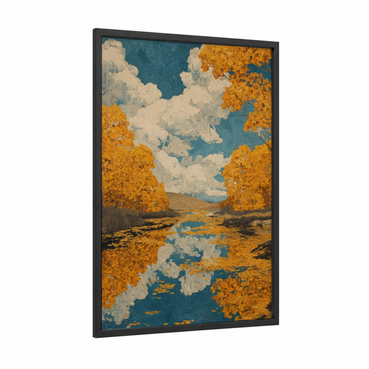 Golden Autumn Reflection framed art print — black wood frame — gold and teal palette