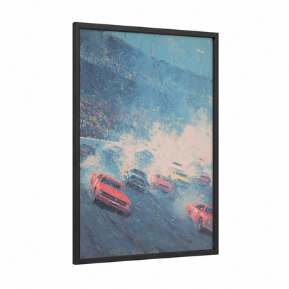 Misty Track Racing framed auto racing print — black wood frame — blue and red palette