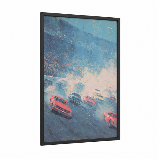Misty Track Racing framed auto racing print — black wood frame — blue and red palette