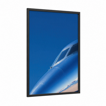 Luxury Jet Profile framed private jet print — black wood frame — blue and white palette