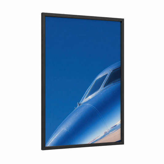Luxury Jet Profile framed private jet print — black wood frame — blue and white palette