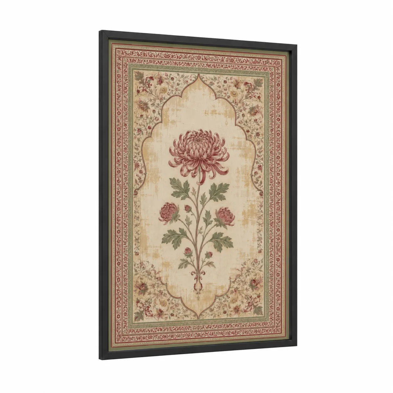 Ornate Chrysanthemum Floral Wall Art framed art print — black wood frame — beige and maroon palette