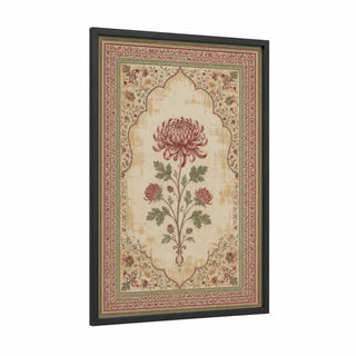 Ornate Chrysanthemum Floral Wall Art framed art print — black wood frame — beige and maroon palette