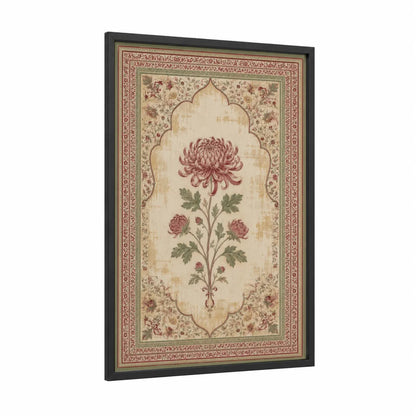 Ornate Chrysanthemum Floral Wall Art framed art print — black wood frame — beige and maroon palette