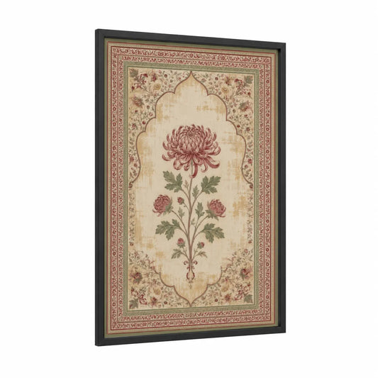Ornate Chrysanthemum Floral Wall Art framed art print — black wood frame — beige and maroon palette
