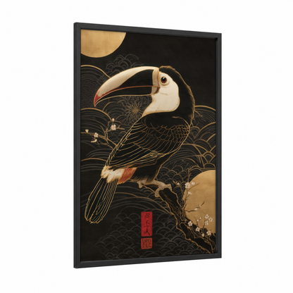 Moonlit Toucan framed art print — black wood frame — black and gold and cream palette