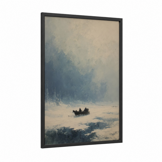 Snowy Wagon Journey framed art print — black wood frame — gray and white and blue and white palette