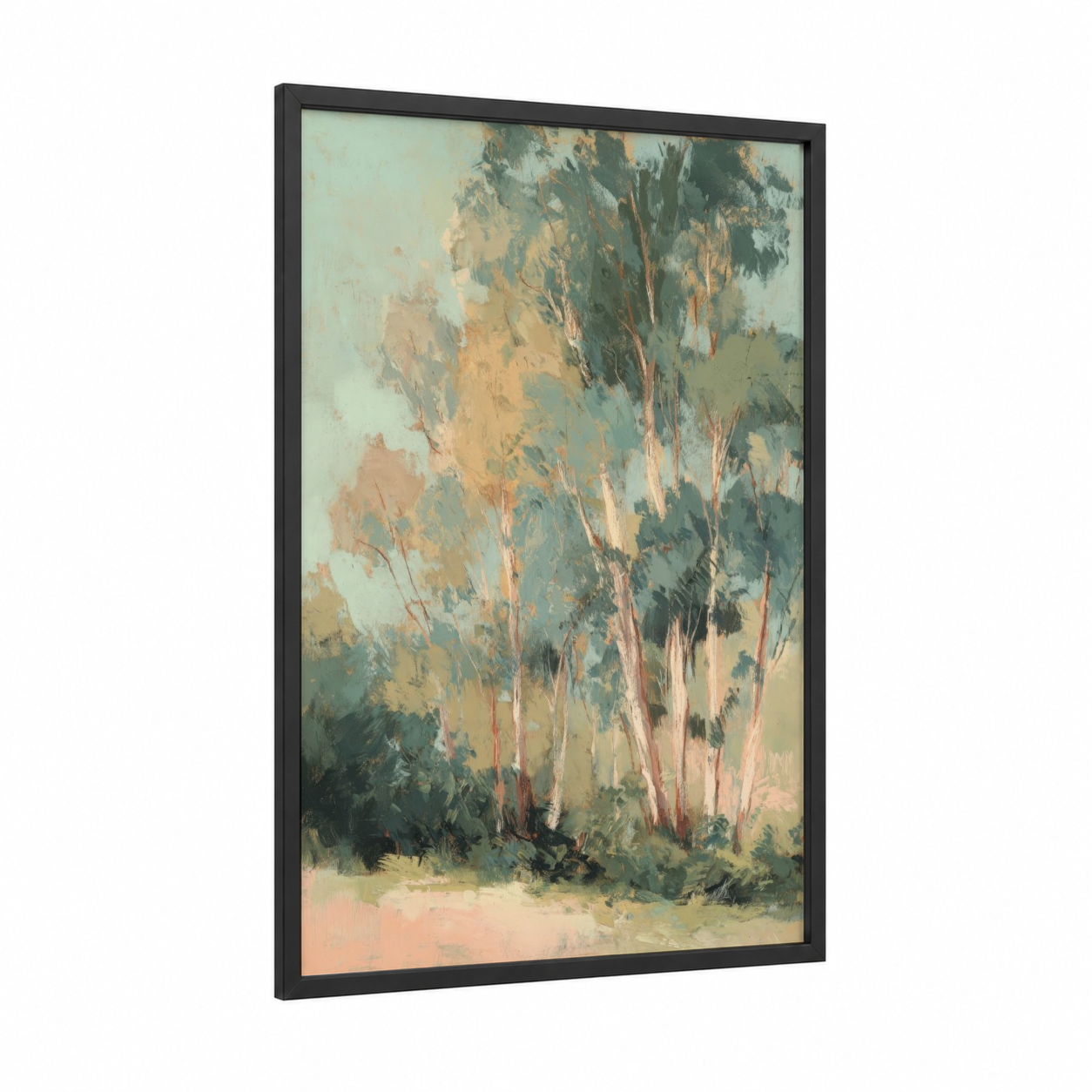 Golden Eucalyptus framed eucalyptus forest print — black wood frame — cream and sage green palette