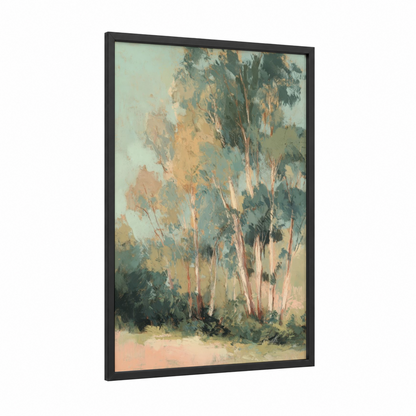 Golden Eucalyptus framed eucalyptus forest print — black wood frame — cream and sage green palette