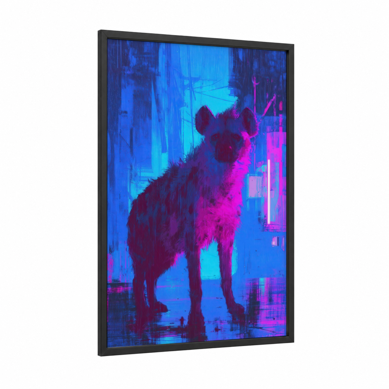 Neon Hyena framed art print — black wood frame — magenta and blue palette
