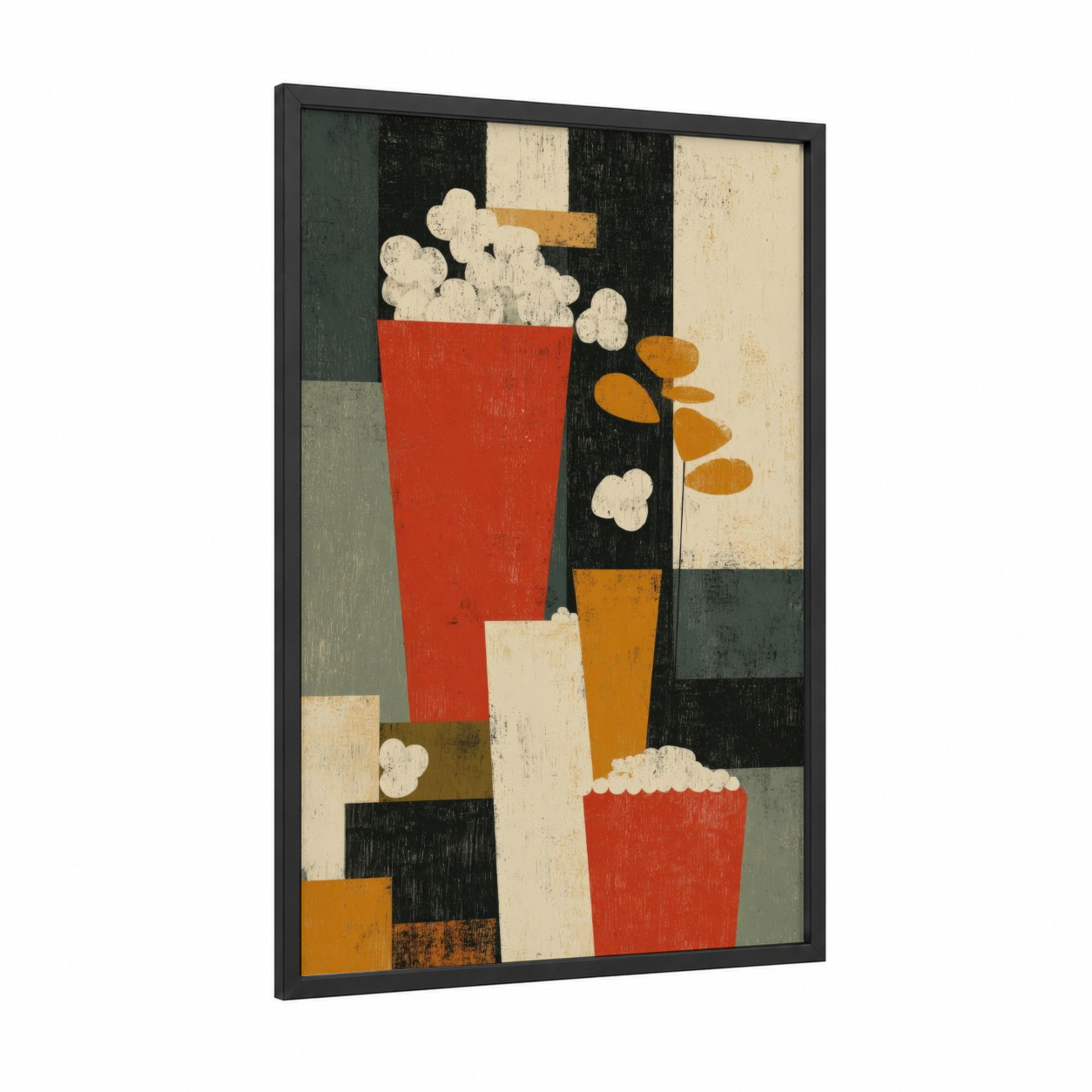 Retro Popcorn framed art print — black wood frame — red and gold palette