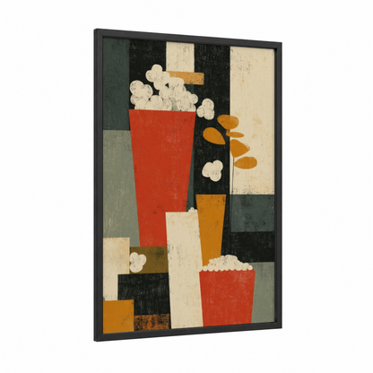 Retro Popcorn framed art print — black wood frame — red and gold palette