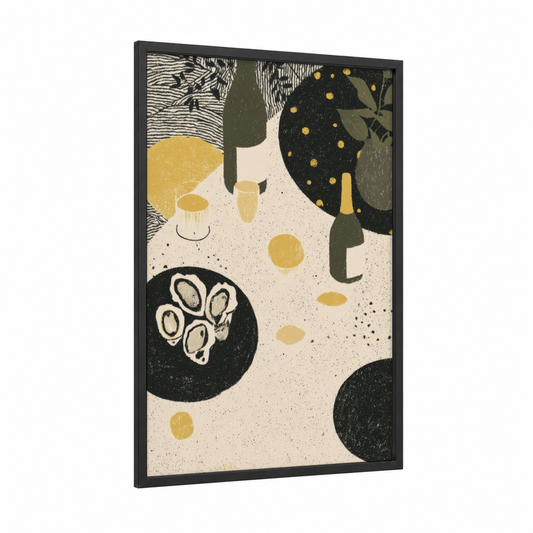 Champagne Celebration framed new years eve print — black wood frame — black and mustard palette