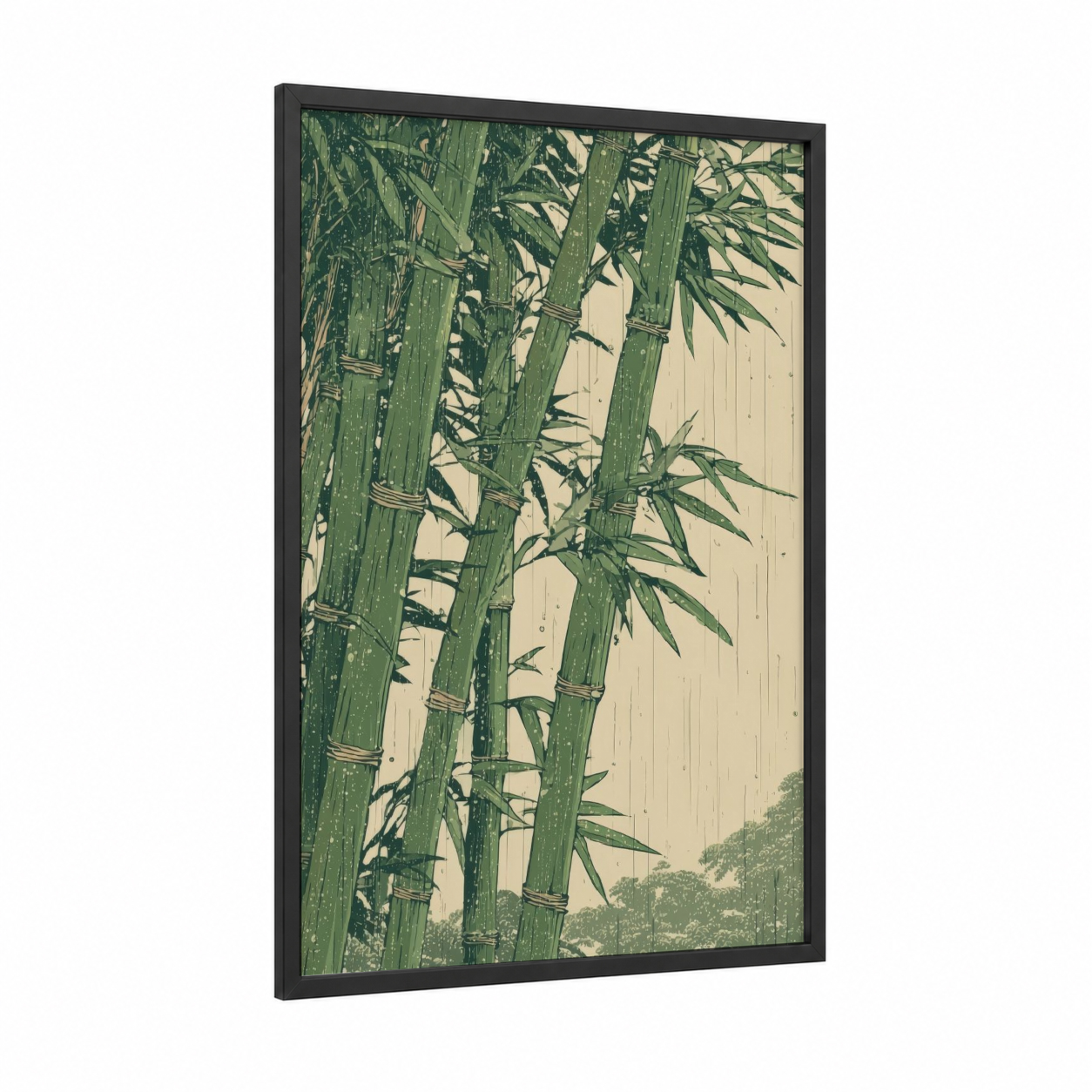 Serene Bamboo Grove framed art print — black wood frame — light green and cream palette