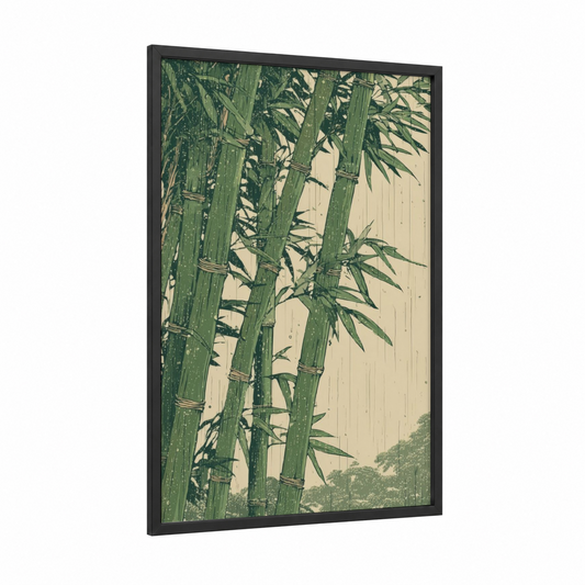 Serene Bamboo Grove framed art print — black wood frame — light green and cream palette