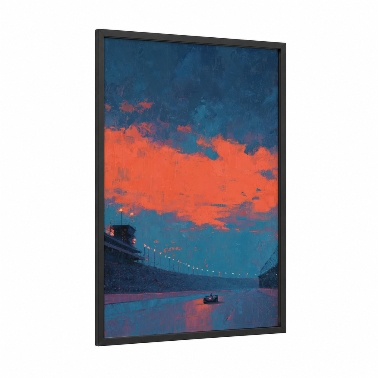 Neon Speedway framed auto racing print — black wood frame — royal blue and orange palette