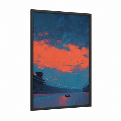 Neon Speedway framed auto racing print — black wood frame — royal blue and orange palette