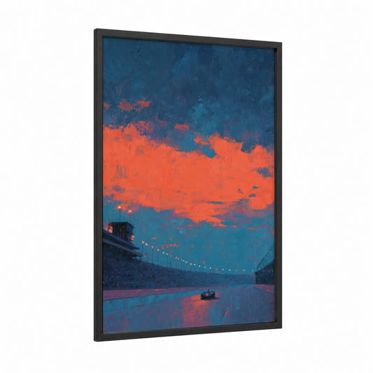 Neon Speedway framed auto racing print — black wood frame — royal blue and orange palette