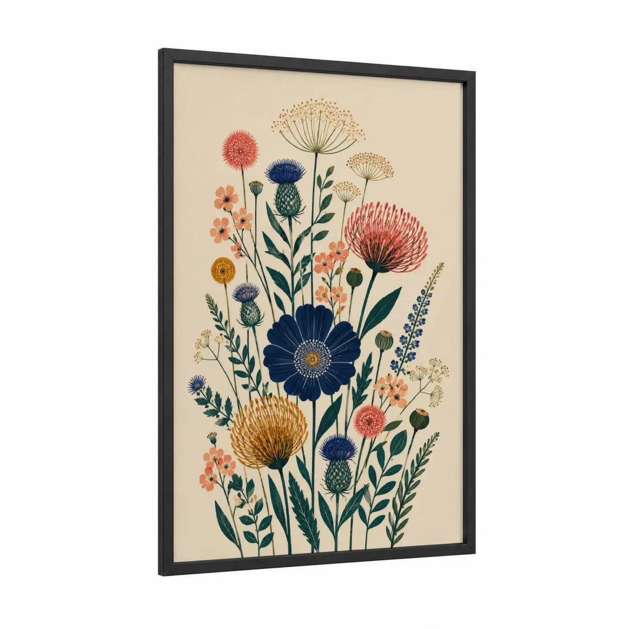 Botanical Garden Meadow Flowers Wall Art framed art print — black wood frame — beige and blue palette