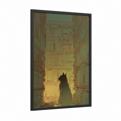 Silhouette Cat Gateway framed art print — black wood frame — gold and black and white palette