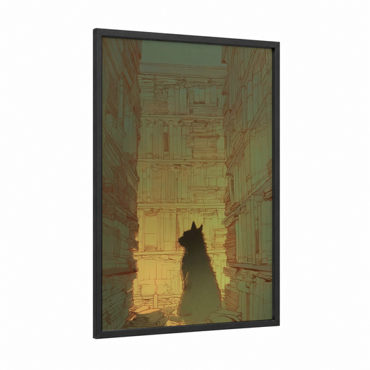 Silhouette Cat Gateway framed art print — black wood frame — gold and black and white palette