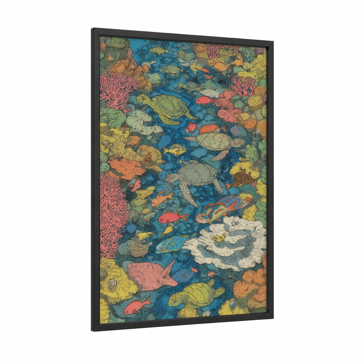 Vibrant Coral Reef framed art print — black wood frame — blue and orange palette
