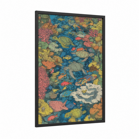 Vibrant Coral Reef framed art print — black wood frame — blue and orange palette