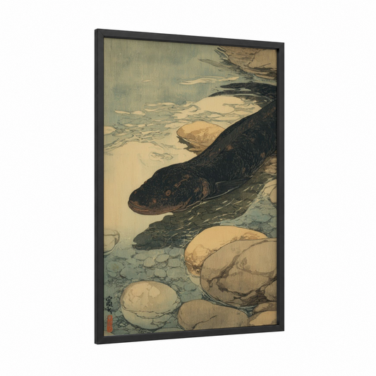 Riverside Eels framed art print — black wood frame — beige and blue palette