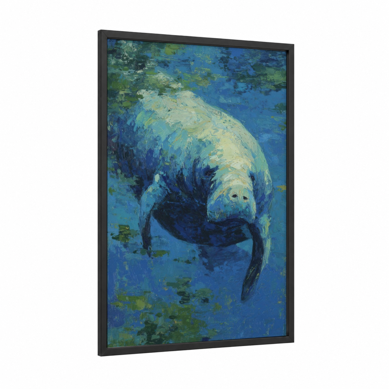 Serene Manatee framed manatees print — black wood frame — blue and green palette