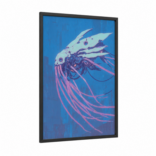 Cyberpunk Squid framed art print — black wood frame — blue and magenta palette