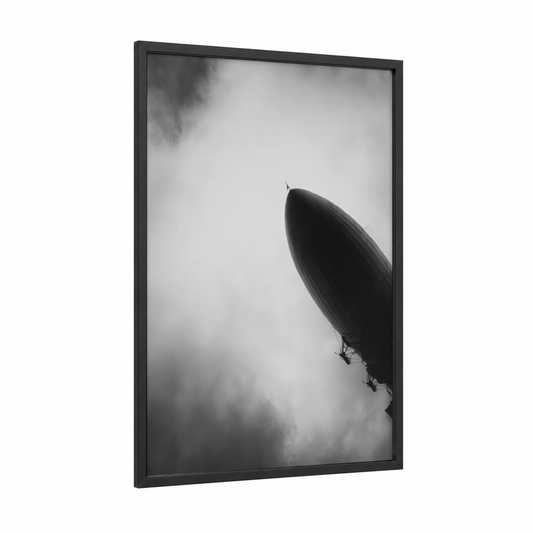 Moody Airship framed art print — black wood frame — black and white and gray palette