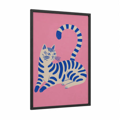 Blue Striped Cat on Pink Wall Art framed art print — black wood frame — blue and pink palette