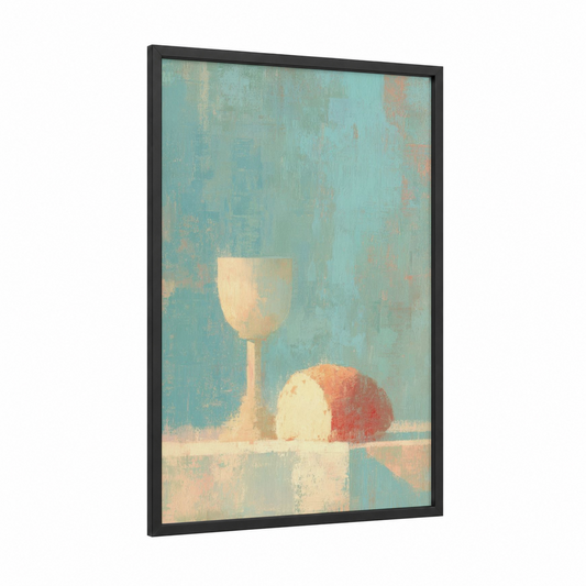 Chalice Communion framed christian symbols print — black wood frame — aquamarine and peach palette