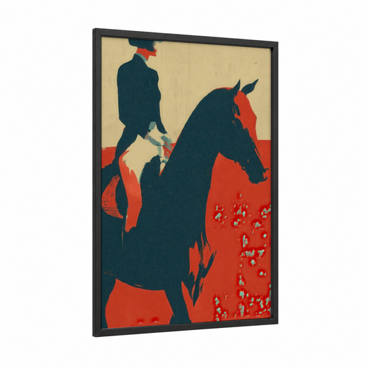 Crimson Jockey framed horse racing print — black wood frame — red and dark blue palette