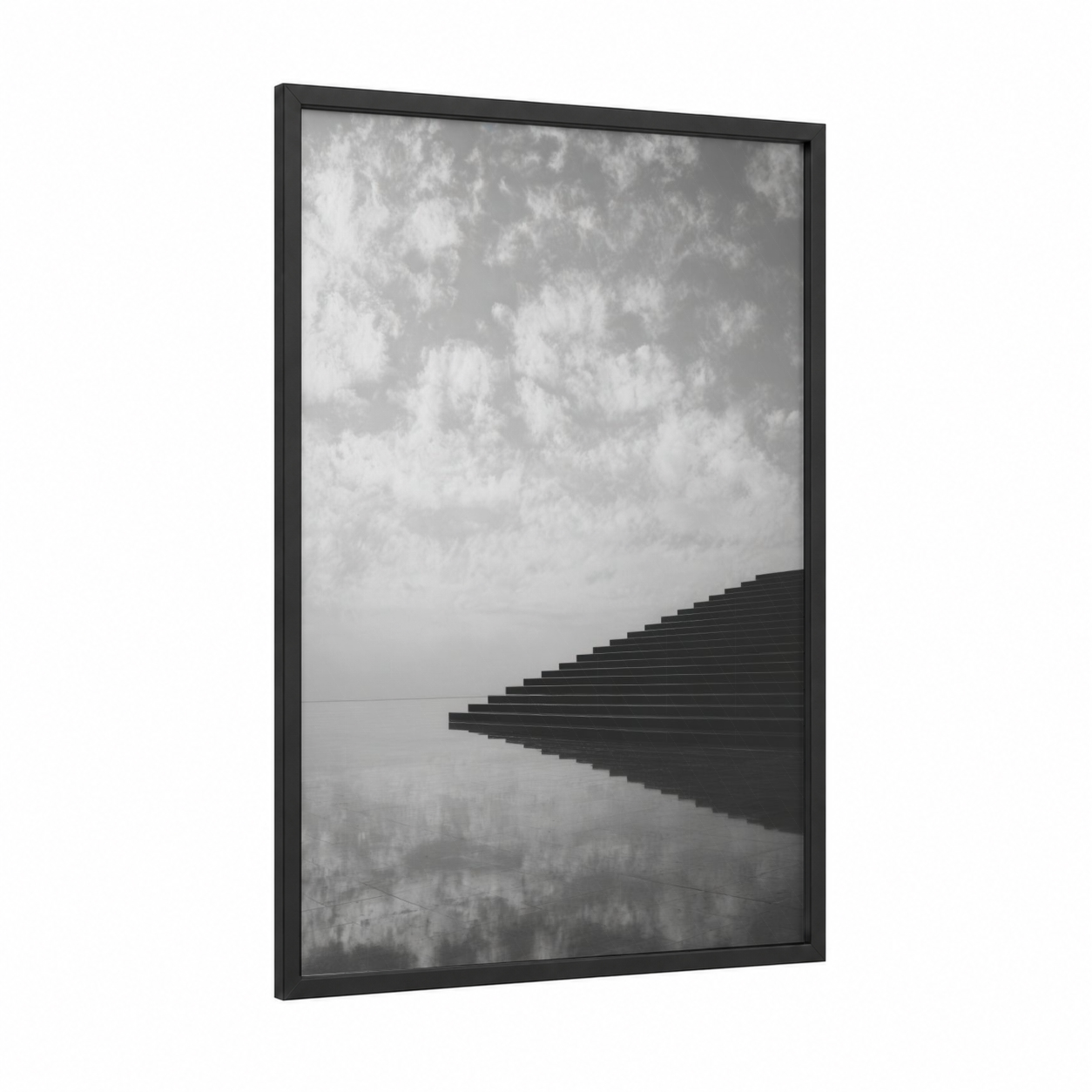 Minimalist Staircase framed art print — black wood frame — black and white and gray palette