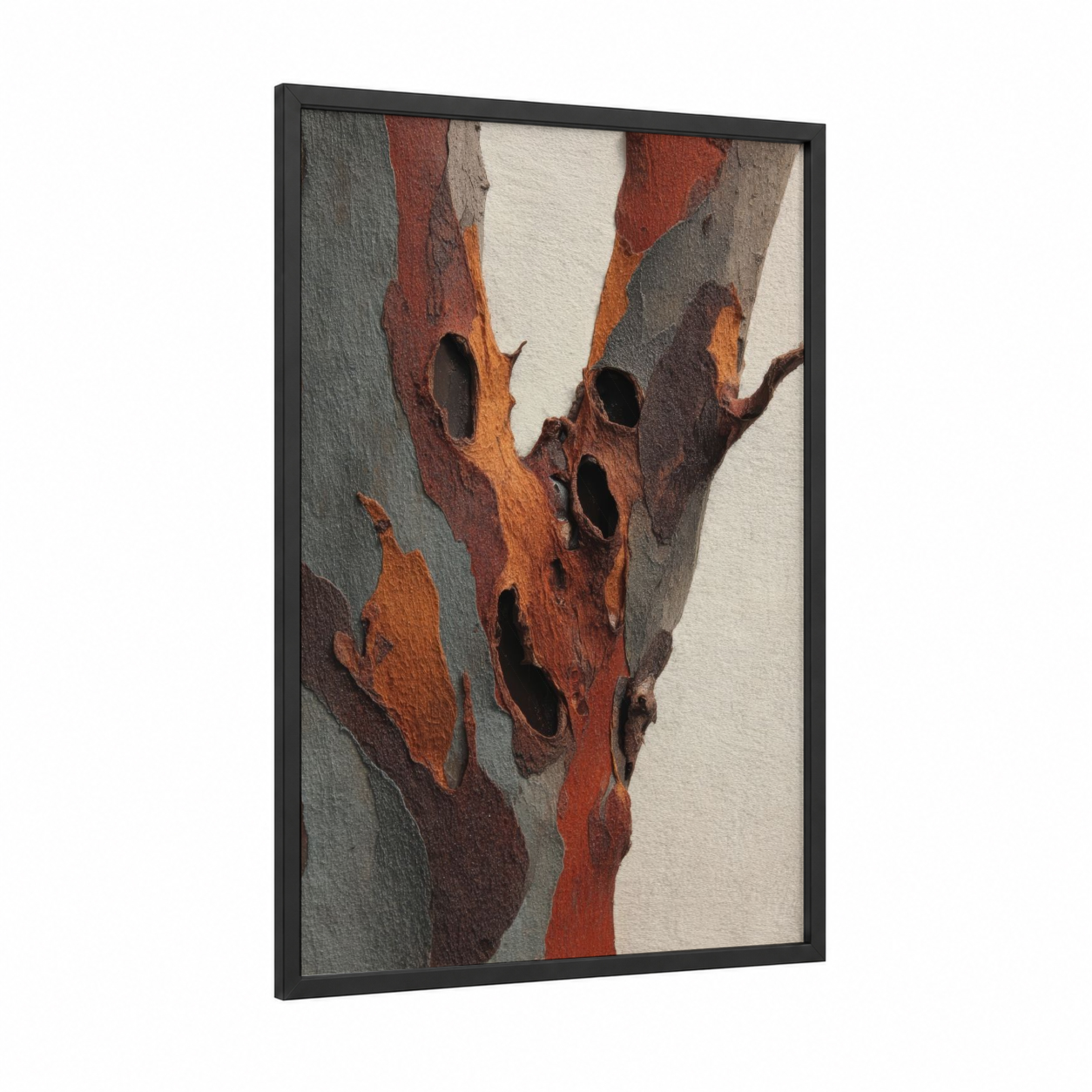 Peeling Arbutus framed arbutus tree print — black wood frame — russet and cream palette