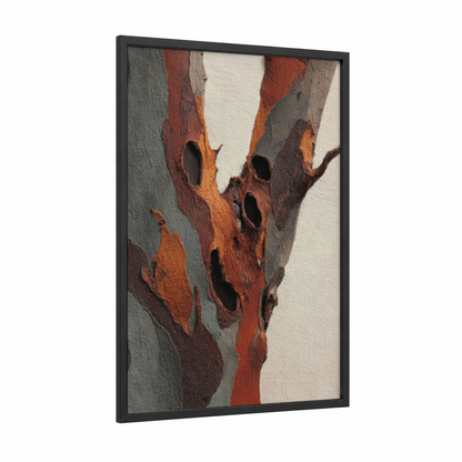 Peeling Arbutus framed arbutus tree print — black wood frame — russet and cream palette