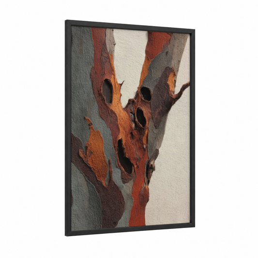 Peeling Arbutus framed arbutus tree print — black wood frame — russet and cream palette